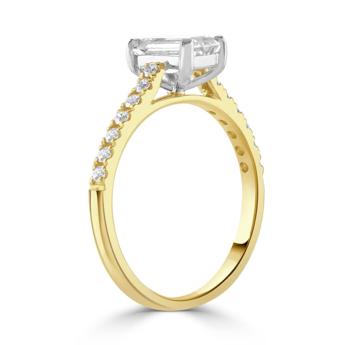 Emerald Cut Yellow Gold Diamond Ring with Diamond set shoulders