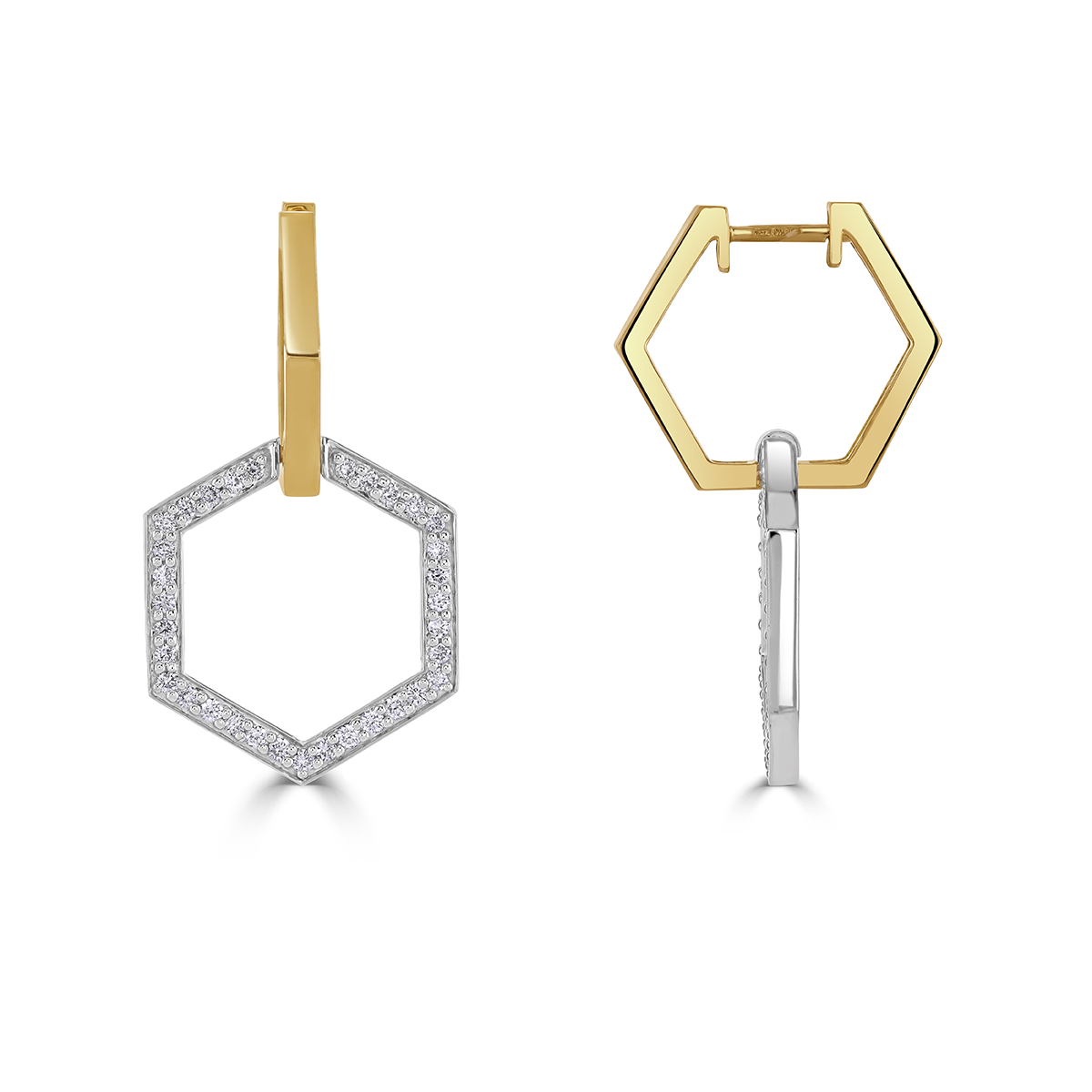 Honeycomb Yellow and White Gold Double Hex Earrings