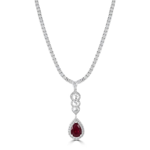 White Gold Pear Shape Ruby and Diamond Necklace